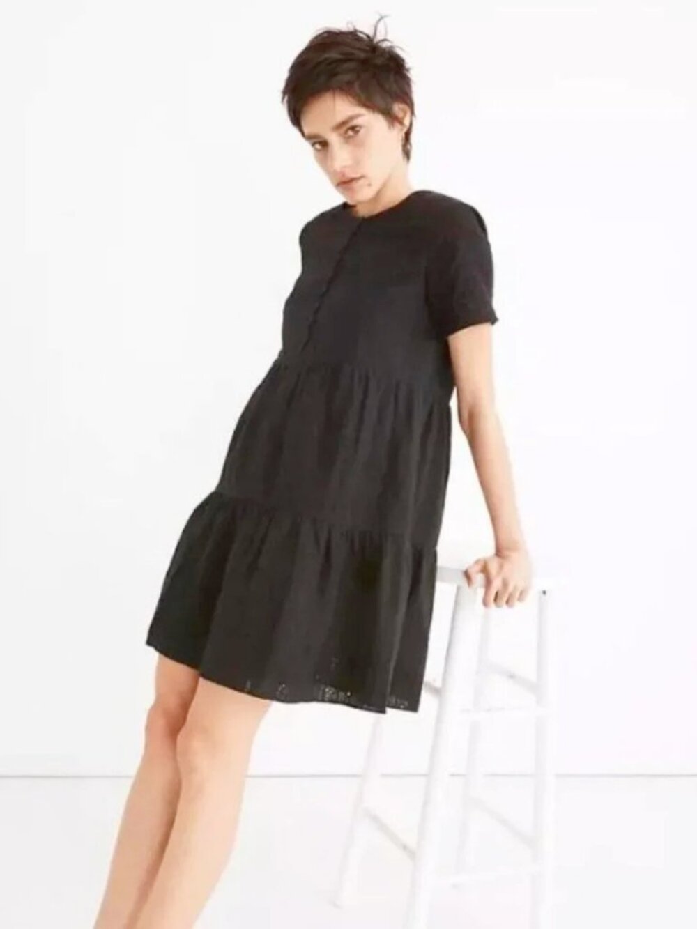 Madewell Embroidered Eyelet Button-Front Tiered Mini Dress S Black Cottagecore